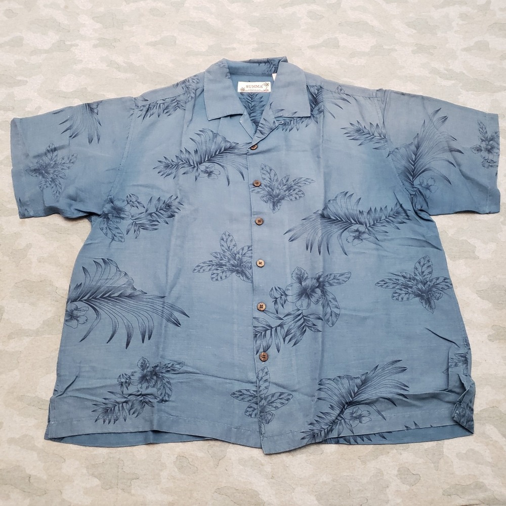 Summa Shirt Mens XL Blue Short Sleeve Button-Up Hibiscus Leaf Tropical Beach